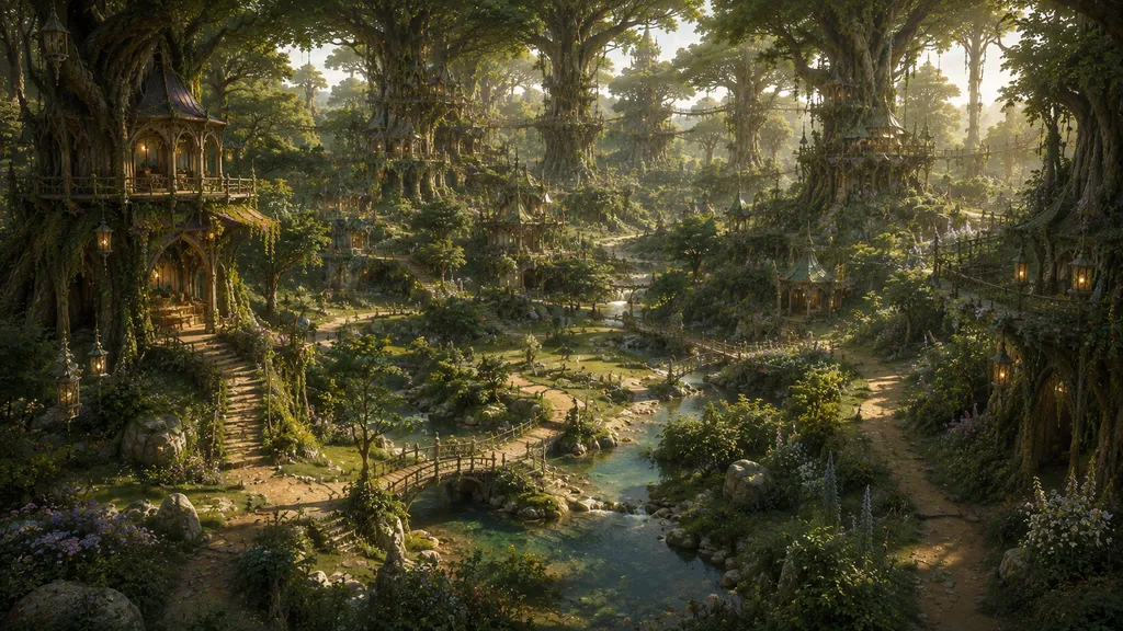 Vue aérienne du Domaine des Ramures, vaste demeure elfique étendue dans les arbres gigantesques d’une forêt ancestrale.